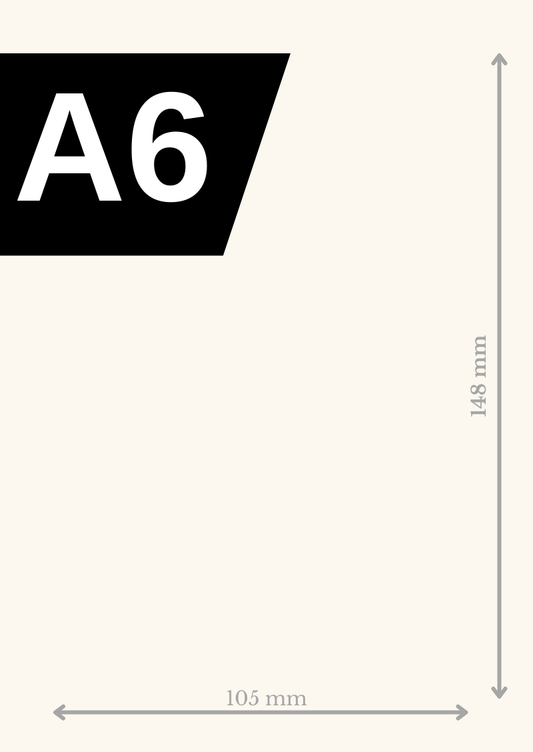 A6 paper size illustration with dimensions 148 mm by 105 mm written on a white background 