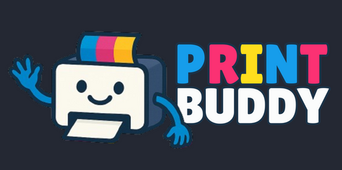 Logo of Print Buddy with a printer character on a dark background